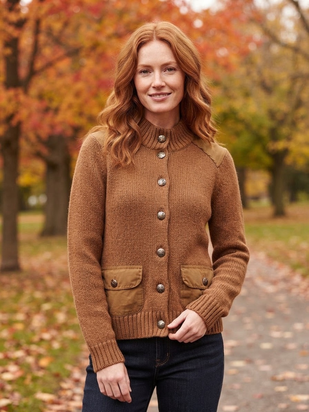 VINTAGE Ralph Lauren Caramel Brown Button-Front Cardigan with Silver Buttons